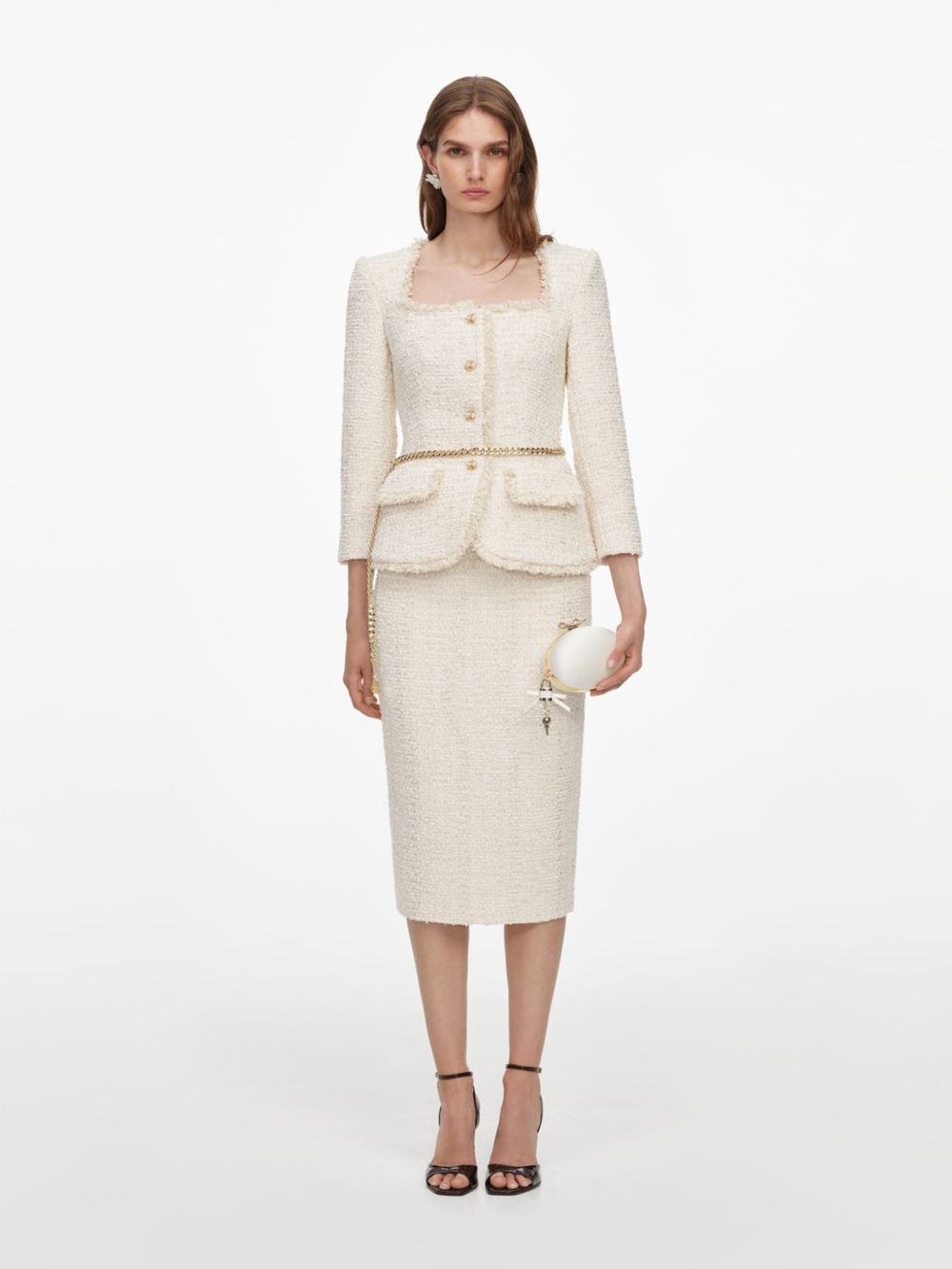 NWOT Self-Portrait Cream Boucle Tailored Chain Midi Dress, Size US 0/2/4/6/8